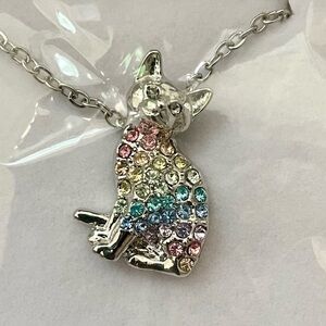 Silver Cat Pendant Necklace with Multicolor Crystals